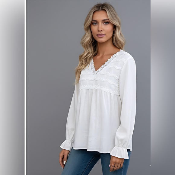 French Guipure Lace Trim Flare Sleeve Peplum Blouse - Picture 3 of 8